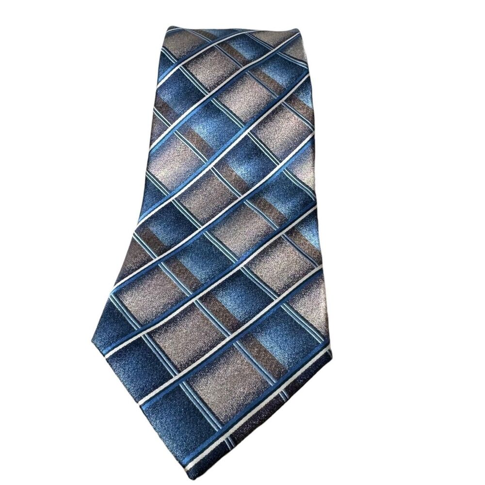 Crazy Horse Claiborne Necktie Men's 100% Silk  Blue Brown Woven Geometric Preppy